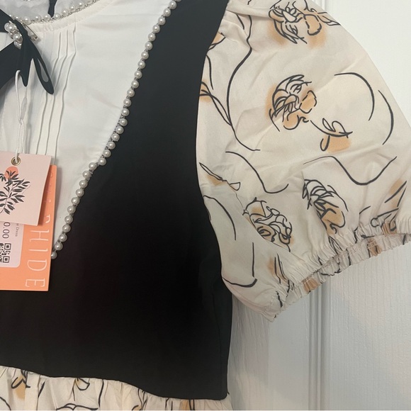 Vintage Style Puff Sleeve Feminine Apricot Pearl Collar Print Dress - Picture 5 of 6